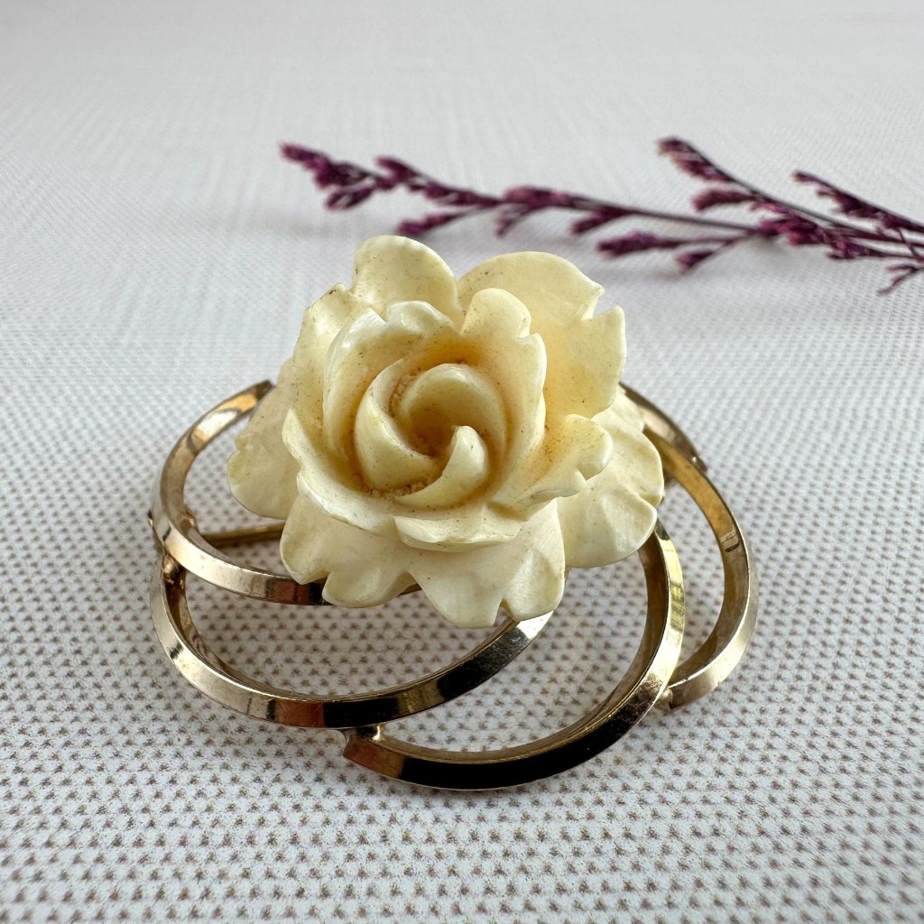 Mid Century Van Dell 120 12k Gold Filled Carved Celluloid Rose Brooch Vintage 26$